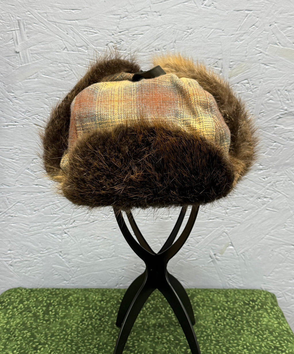 Brown Plaid Beaver Bomber Hat