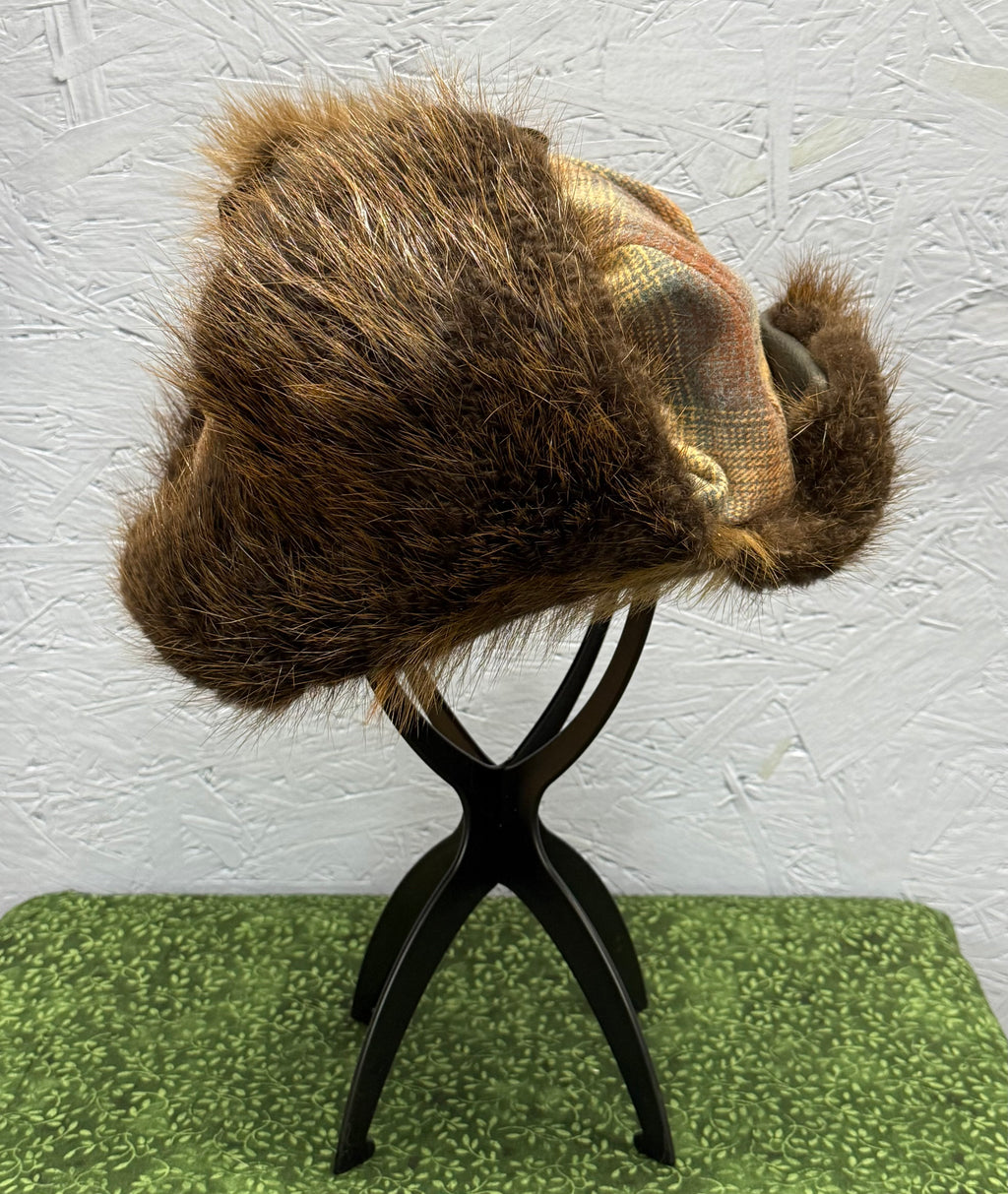 Brown Plaid Beaver Bomber Hat