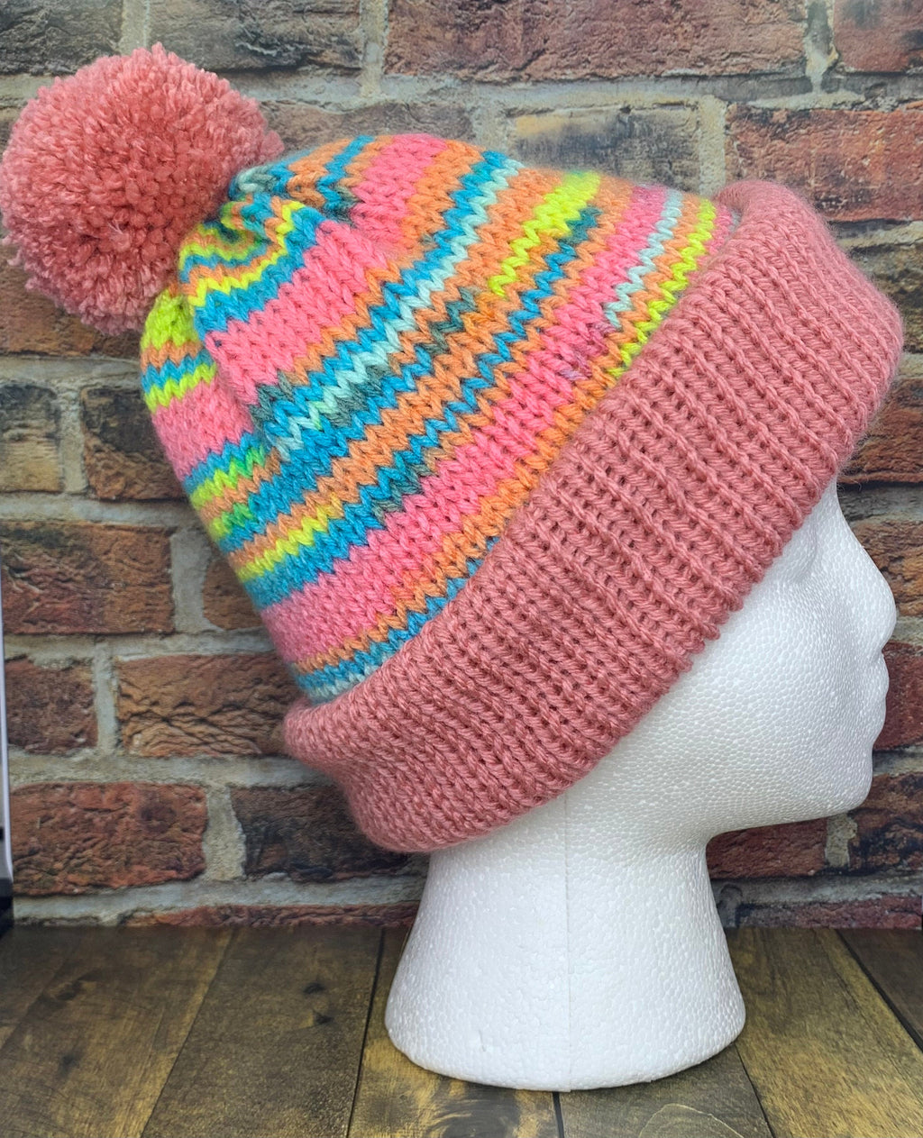 Pink and Bright Rainbow Knit Hat