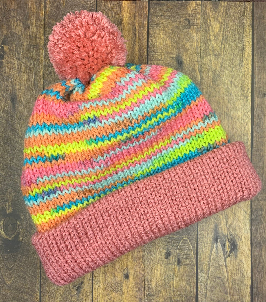 Pink and Bright Rainbow Knit Hat