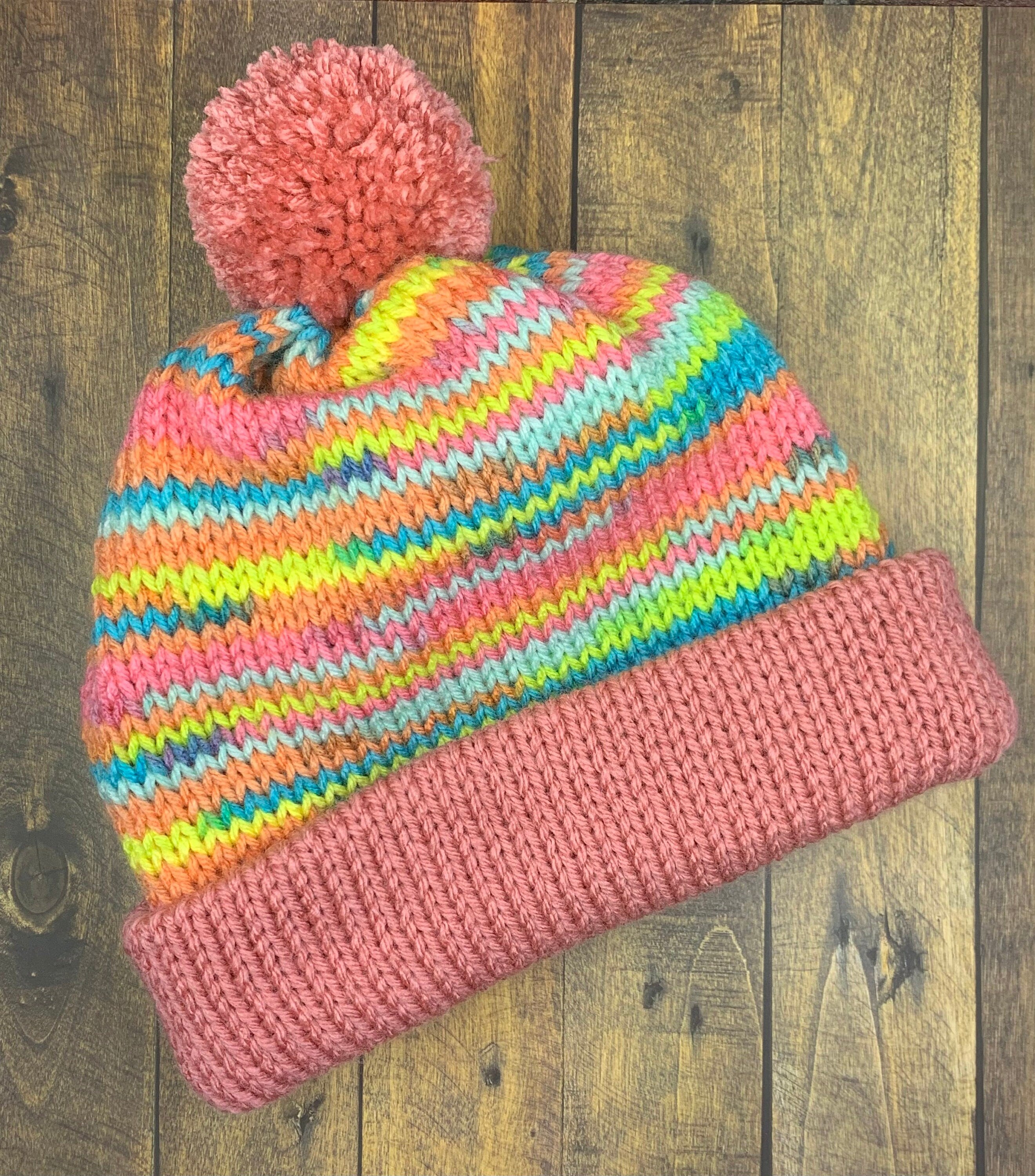 Pink and Bright Rainbow Knit Hat