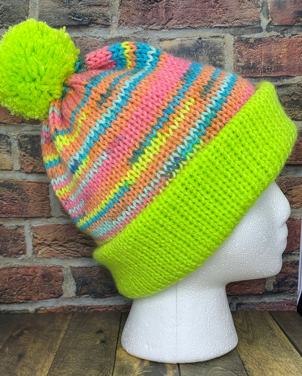 Green and Bright Rainbow Knit Hat