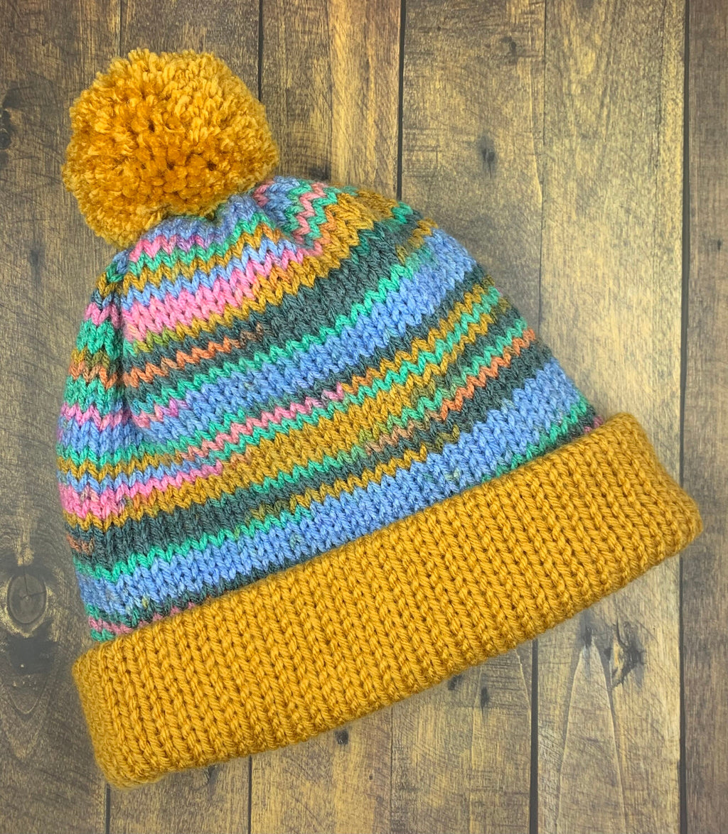 Mustard Yellow and Wildflower Knit Hat