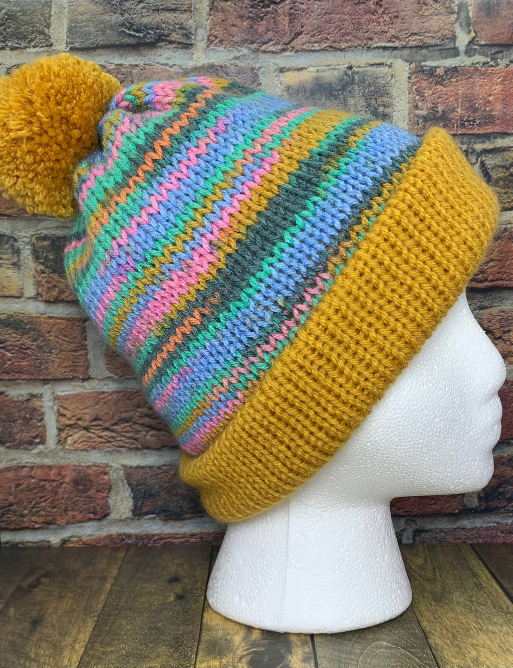 Mustard Yellow and Wildflower Knit Hat
