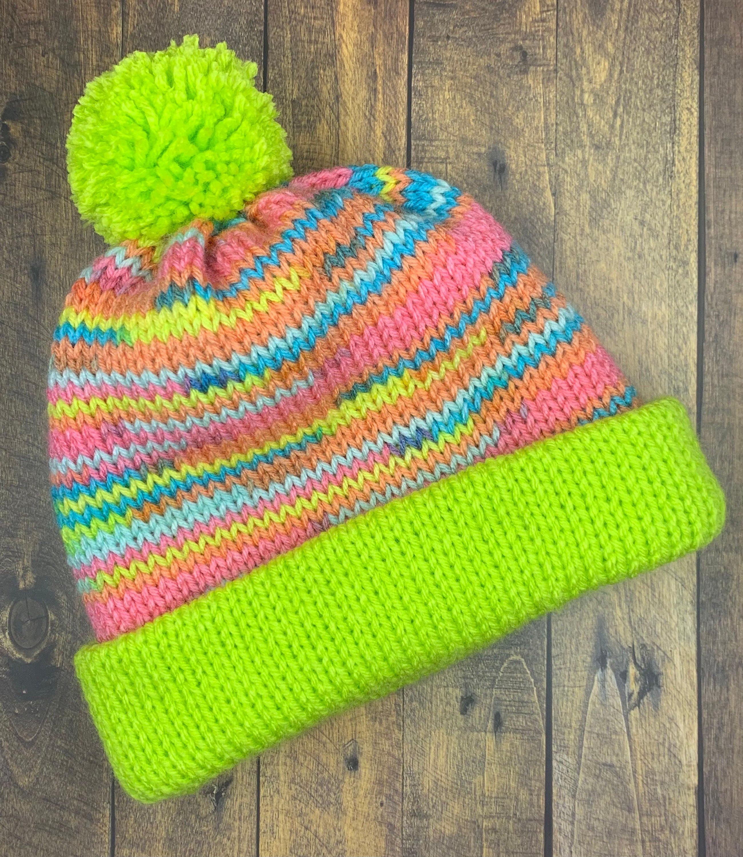 Green and Bright Rainbow Knit Hat